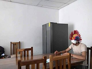 Housemaid Sensually Gropes Natural Tits and Flirts with Dildo for Blind Man