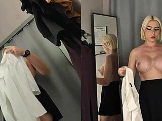 i spy naked blonde's big tits through see-through dressing room skirt
