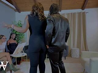 Ebony babe takes reverse gangbang from dreadlocked bbc studs on sofa