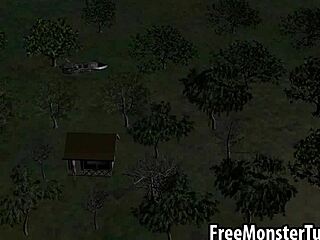 damn 3d brunette babe slurps alien's throbbing cock