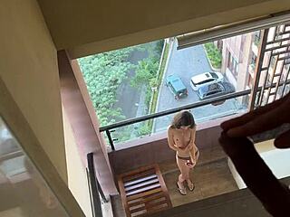 Neighbor Catches Me Naked on Balcony Offers Rough Anal Quickie