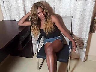 Young ebony Cynthia fingers small tits in raw casting interview