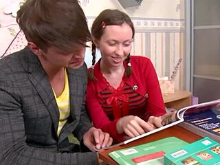 studious brunette's tight tush gets passionate cowgirl reward