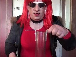 Shy crossdresser craves swallowing another man's pee outdoors